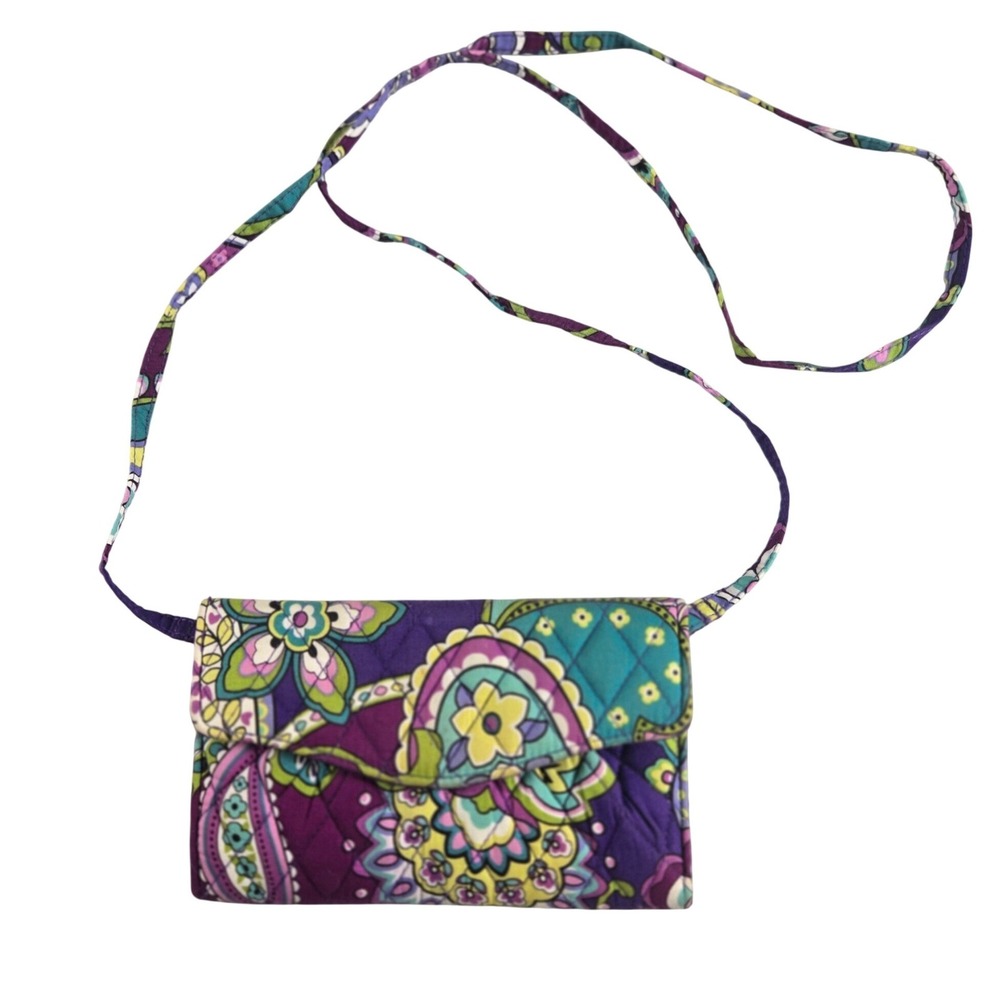 Vera Bradley Wallet Crossbody Purple Paisley Quilted Organizer Clutch Travel Bag